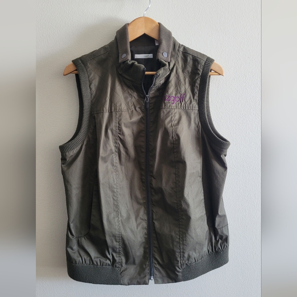 Liz Claiborne full zip collared ribbed trim golf vest Women's XL, army green.